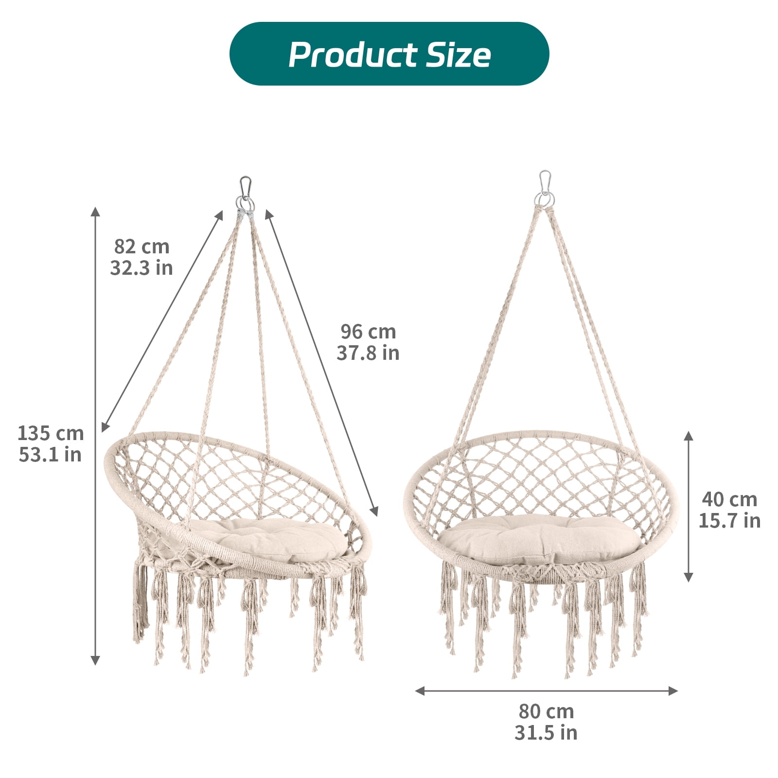 Hanging Cotton Kits Chair Rope Swing, Macrame Hammock - Hand-Woven Rope, Steel Spreader Bar Anti-Slip Rings, Cream White, Soft, Easy Assembly, Comfortable, for Home Patio