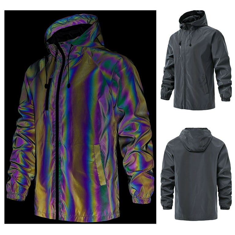 Herrnalise Men Casual Solid Fashion Reflective Hip Hop Fluorescent Night  Sports Zip Hooded Jacket Dark Gray 