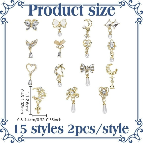 30Pcs 15 Styles Gold Nail Charm Metal Brass Nail Art Charm with Rhinestone Pearls Heart Moon Butterfly Nail Art Accessaries for Woman DIY Nail Art Decoration