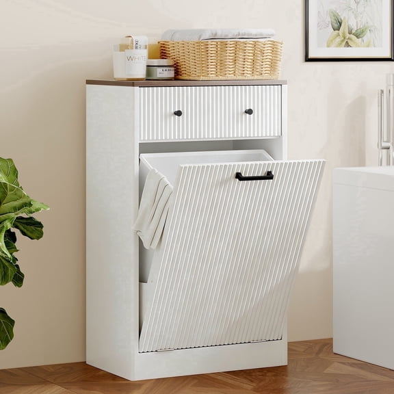 Pusnapku Tilt-Out Laundry Hamper Cabinet, Hidden Trash Can Cabinet with Drawer, 22" Freestanding Fluted Wood Recycling Station for Kitchen, Bathroom