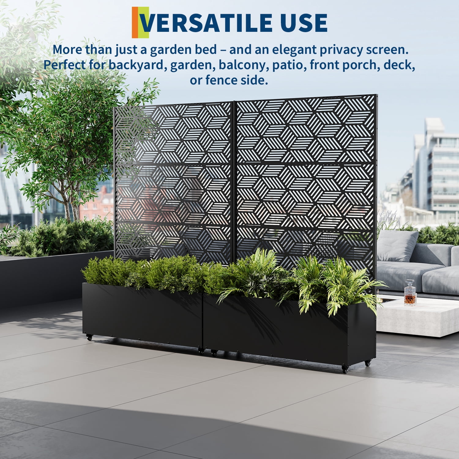 Ataucjin 16" Deep Planting Bed with Drainage Holes,Metal Planter Box with Trellis, Raised Garden Bed with Wheels, Deep Privacy Screen for Climbing Plants,47"X16"X71"