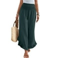 thumbnail image 2 of Linen Pants Women Summer Wide Leg Smocked Waist Ruffle Hem Palazzo Pants Boho Flowy Beach Vacation Pant with Pockets Dark Green L, 2 of 8
