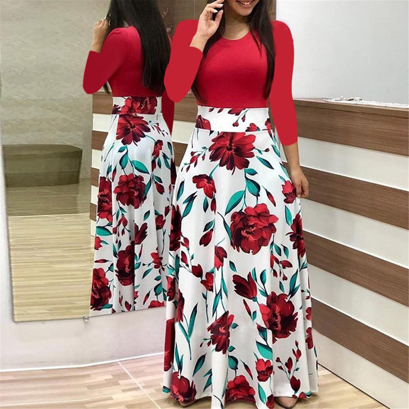 Winter Fall Womens Dresses Casual Long Sleeve Floral Print
