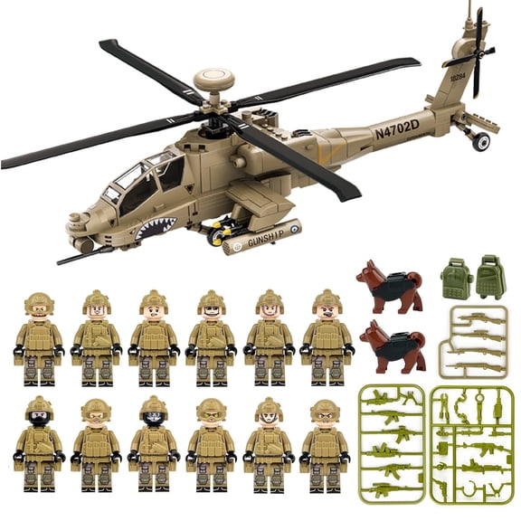 Military Army Apache Helicopter Building Block Set, with 12 Soldier Figures, Desert SWAT Weapons Accessories