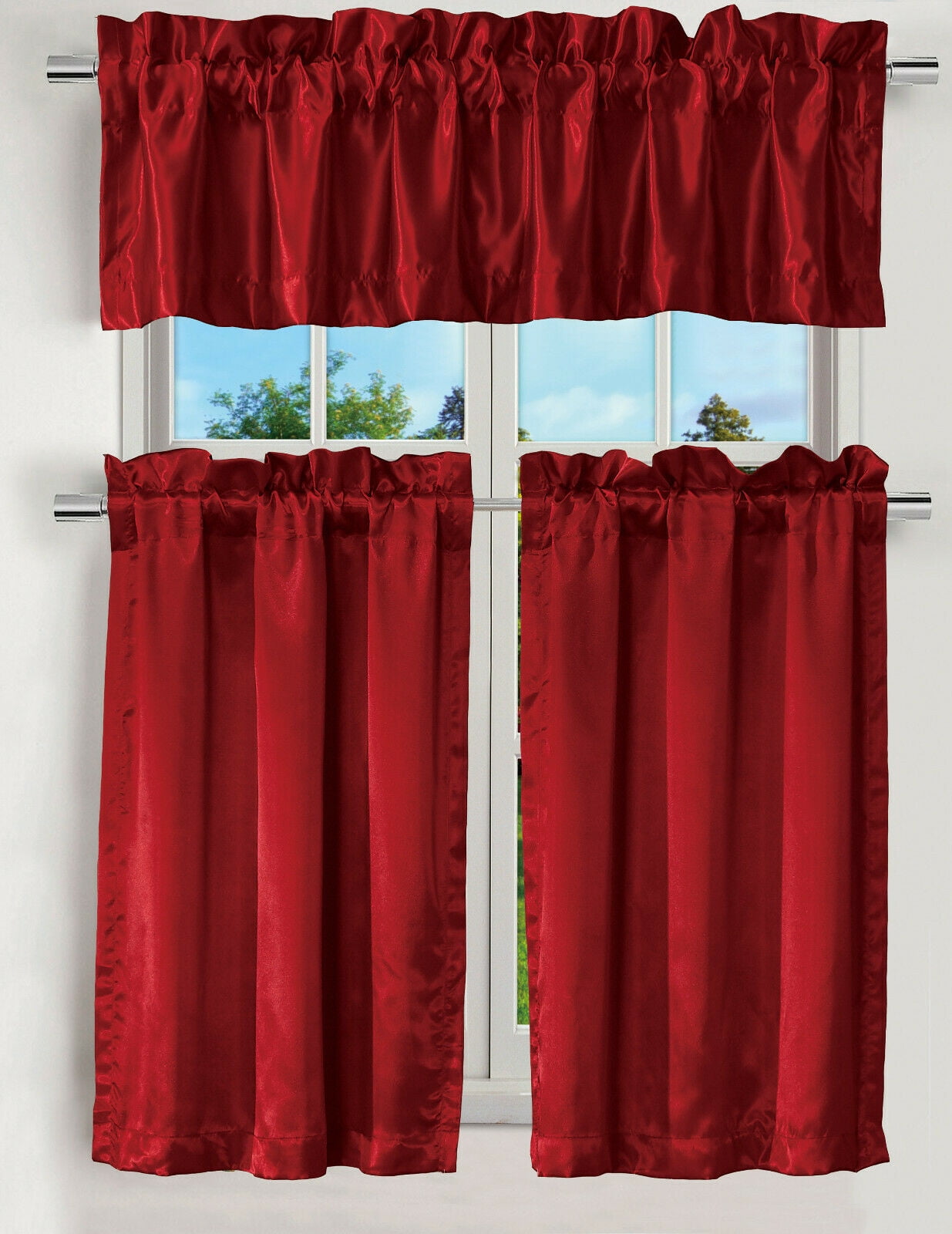 LUXURY 3PC KITCHEN CURTAIN RED SATIN COLOR CURTAIN VALANCE AND TIERS 24