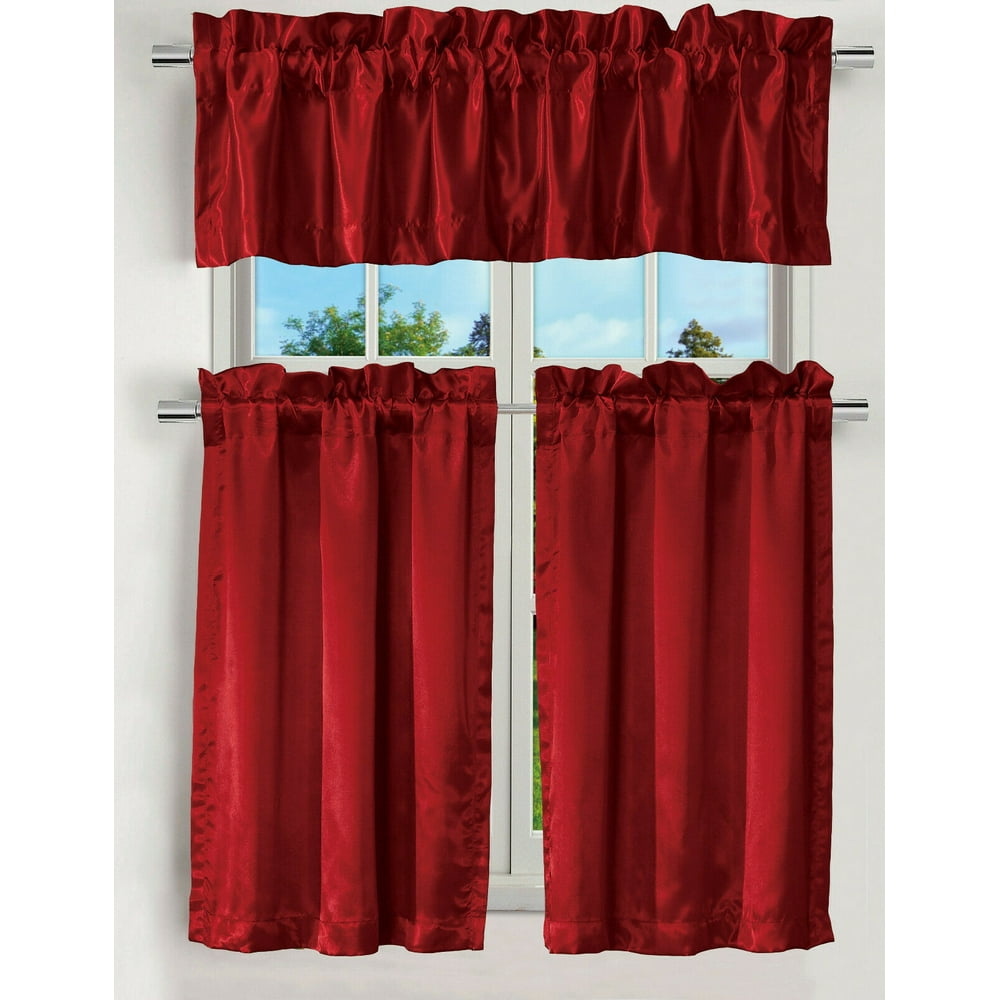 LUXURY 3PC KITCHEN CURTAIN RED SATIN COLOR CURTAIN VALANCE AND TIERS 24