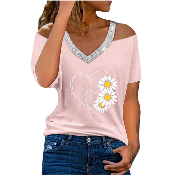 Camisetas Casuales para Mujeres Correa de Hombro de Verano Camiseta con Cuello en V, Manga Corta Top Ligero para el Hogar Y la Fiesta