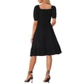 thumbnail image 3 of Vestido Smocked Inspire Chic para mujer con escote cuadrado, mangas cortas abullonadas y volantes, vestido de verano S negro, 3 of 6