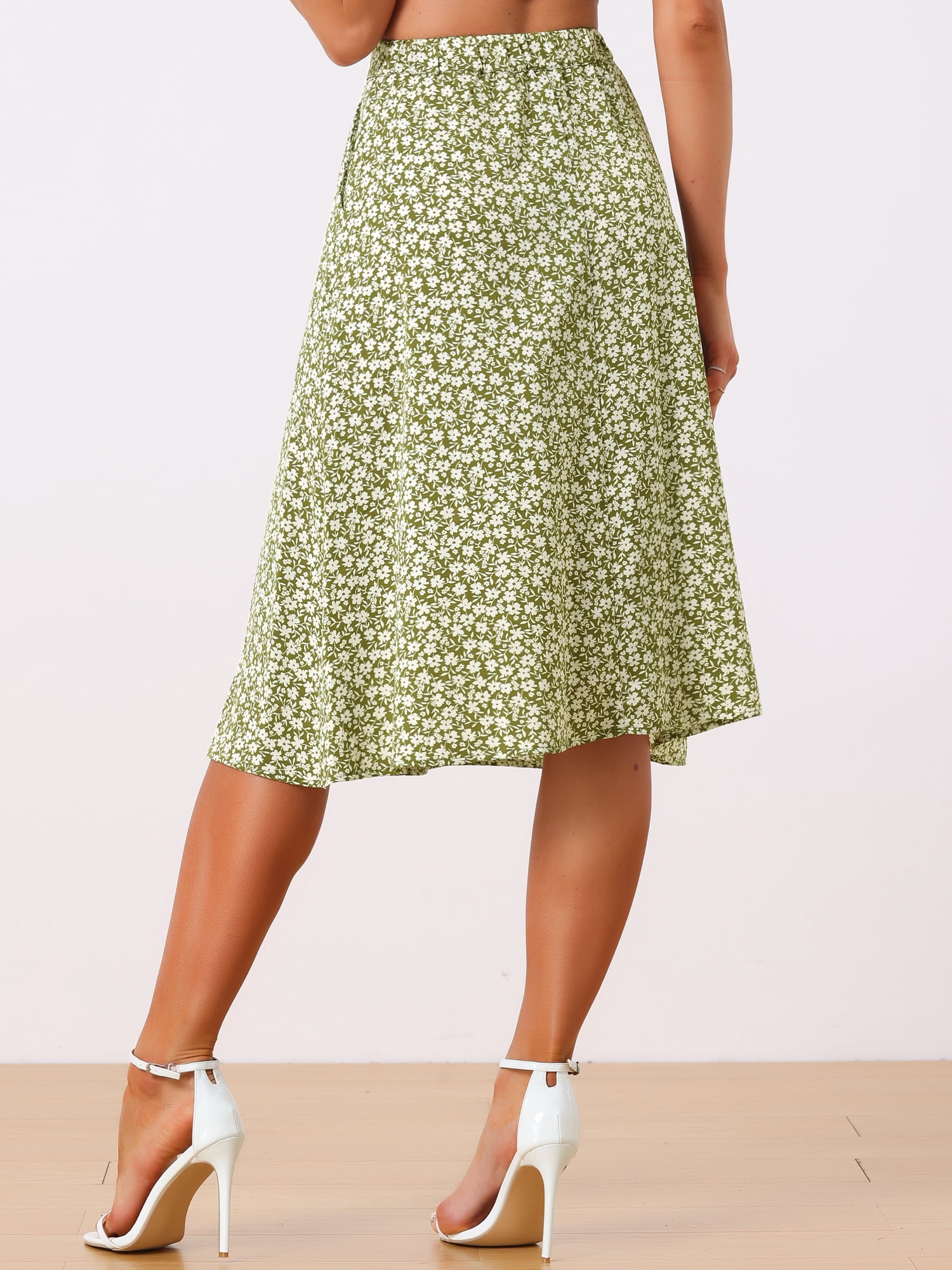DARING DIVA Women's Floral Print A-Line Midi Skirt Skirts XL Green White