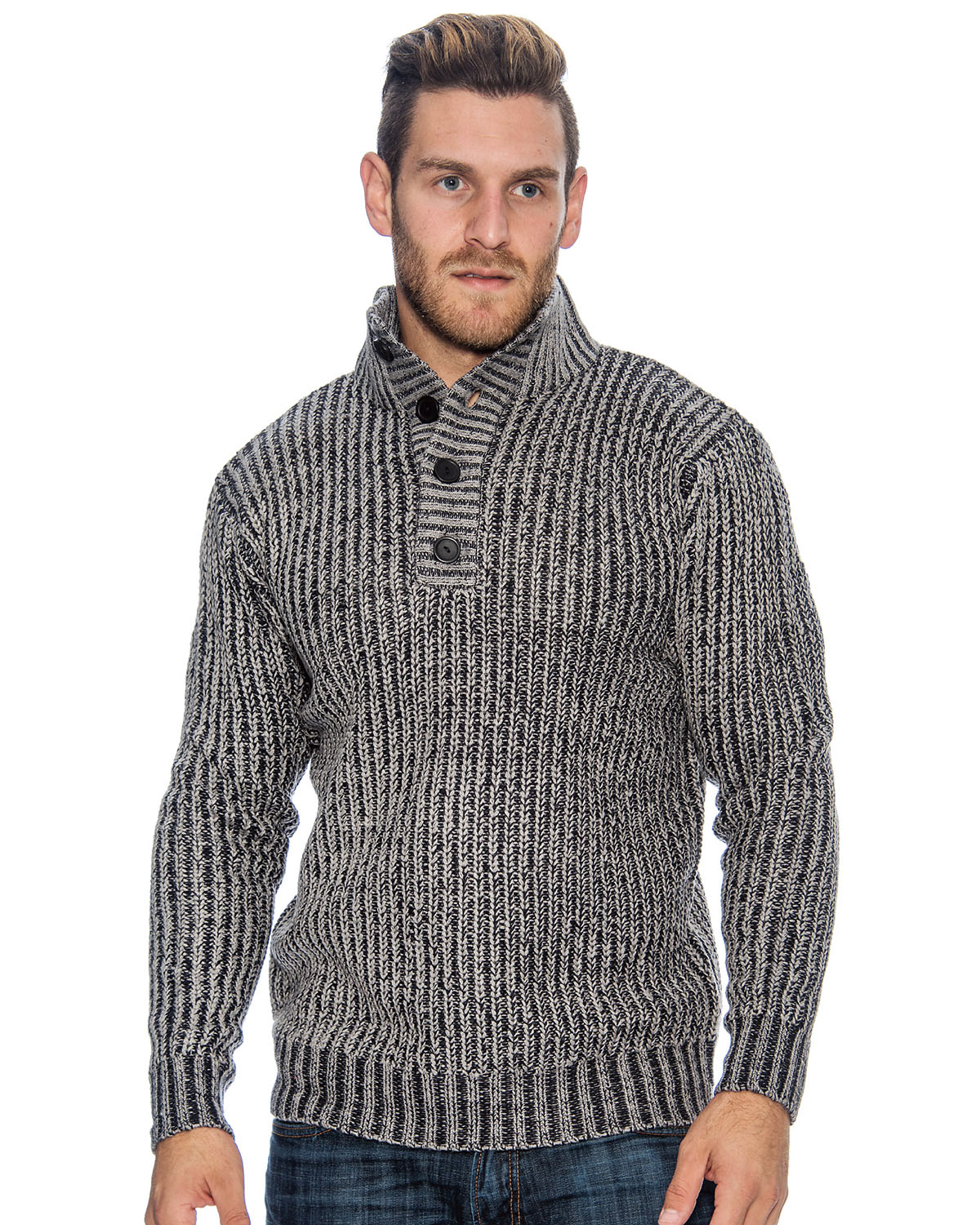 TR Men's Knit Placket Sweater by 9 Crowns Essentials (Gray/Navy, Small)