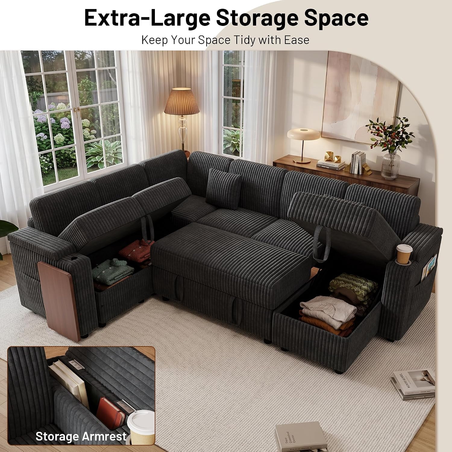 ShiKeyi 100'' Pull-out Sofa With USB ports, Table Board and Cup Holder, Comfortable Soft Cushioned Corduroy Fabric Sofa Bed, Extra-large U-shaped Combination Storage sofa bed, Dark Gray