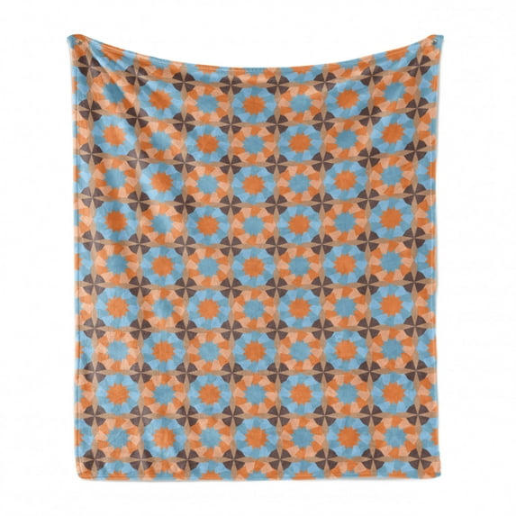 Abstract Soft Flannel Fleece Throw Blanket, Exotic Design of Polygonal Retro Feels, Cozy Plush for Indoor and Outdoor Use, 60" x 80", Almond Dark Peach Blue, by Ambesonne