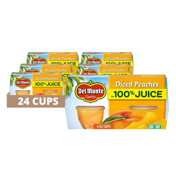 DEL MONTE Diced Peaches FRUIT CUP KKS1 Snacks in 100% Fruit Juice, 24 Pack, 4 oz Cup