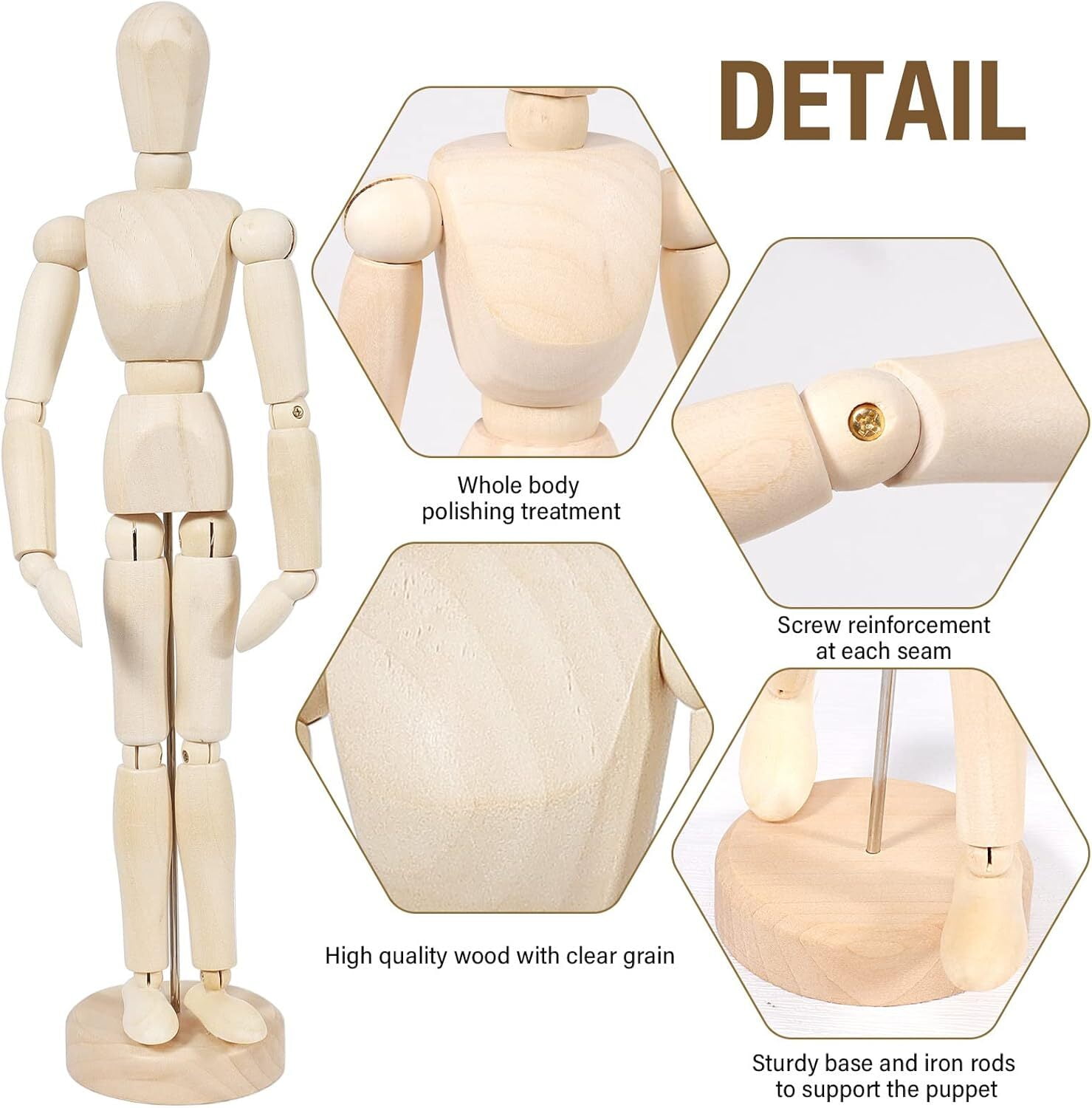 LQQBOX 2Pcs 12" Wood Poseable Mannequin, Artists Wooden Manikin Jointed Mannequin Art Figure Drawing Model Articulated Wood Human Model with Base Flexible Body Home Decoration Drawing Human Figure