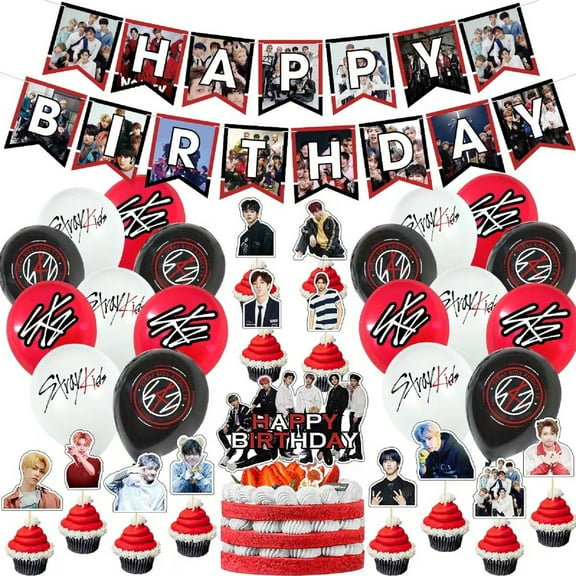 32 Pcs Exquisite Stray Kids Party Supplies For Fans, Birthday Decorations Set Include Banner, Balloons, Cake Topper, Cupcake Toppers For Stars Theme Party, Surprise For Stray Kids Fans