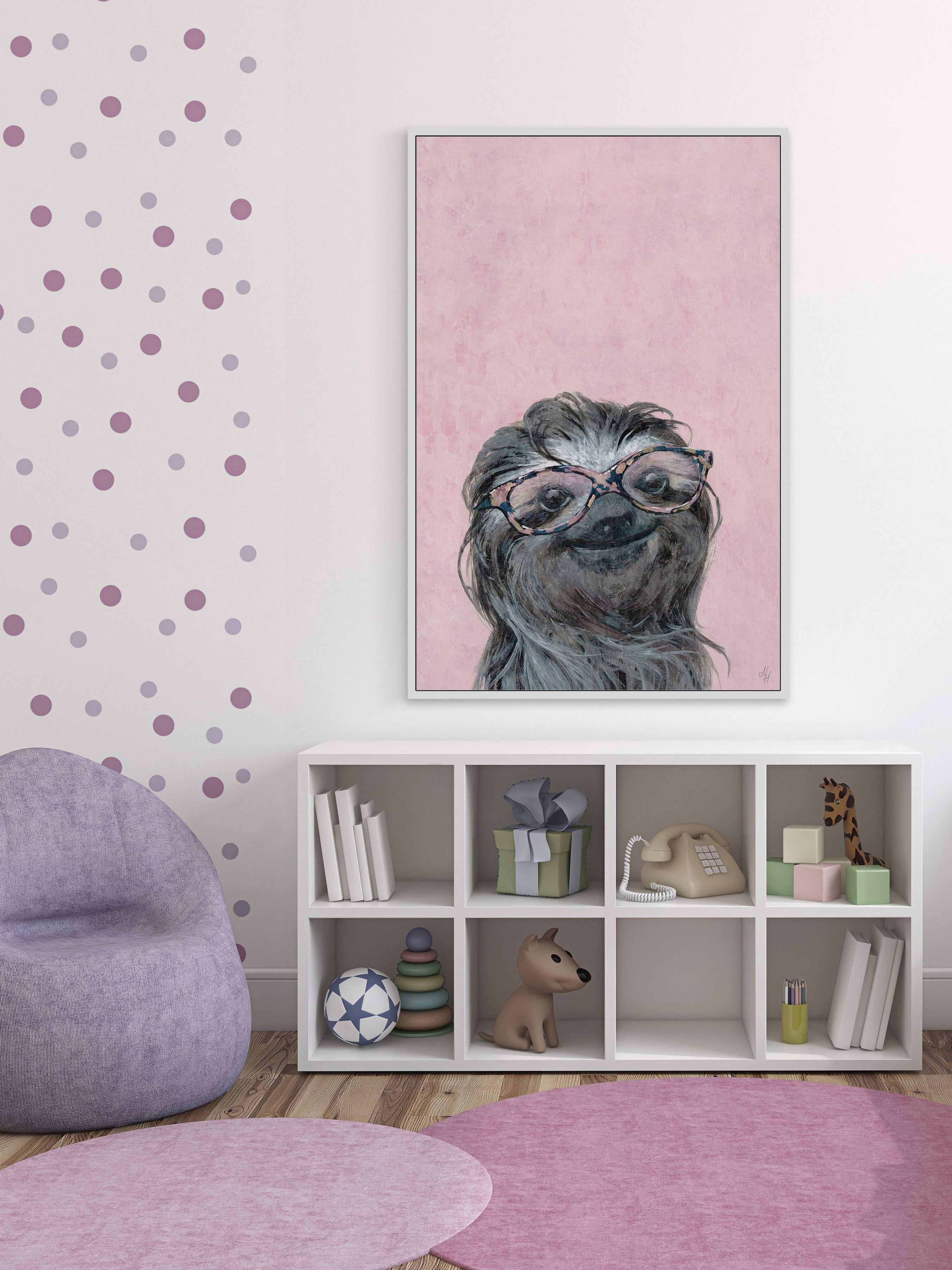 Sloth in Pink Floater Framed Painting Print on Canvas