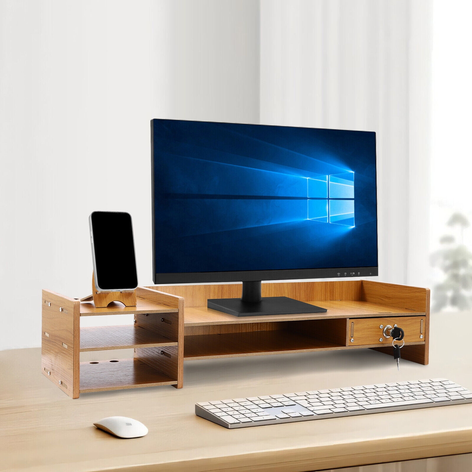 Wood Square Desk Organizer with Drawers  Desktop Storage With Lock, Pen Holder