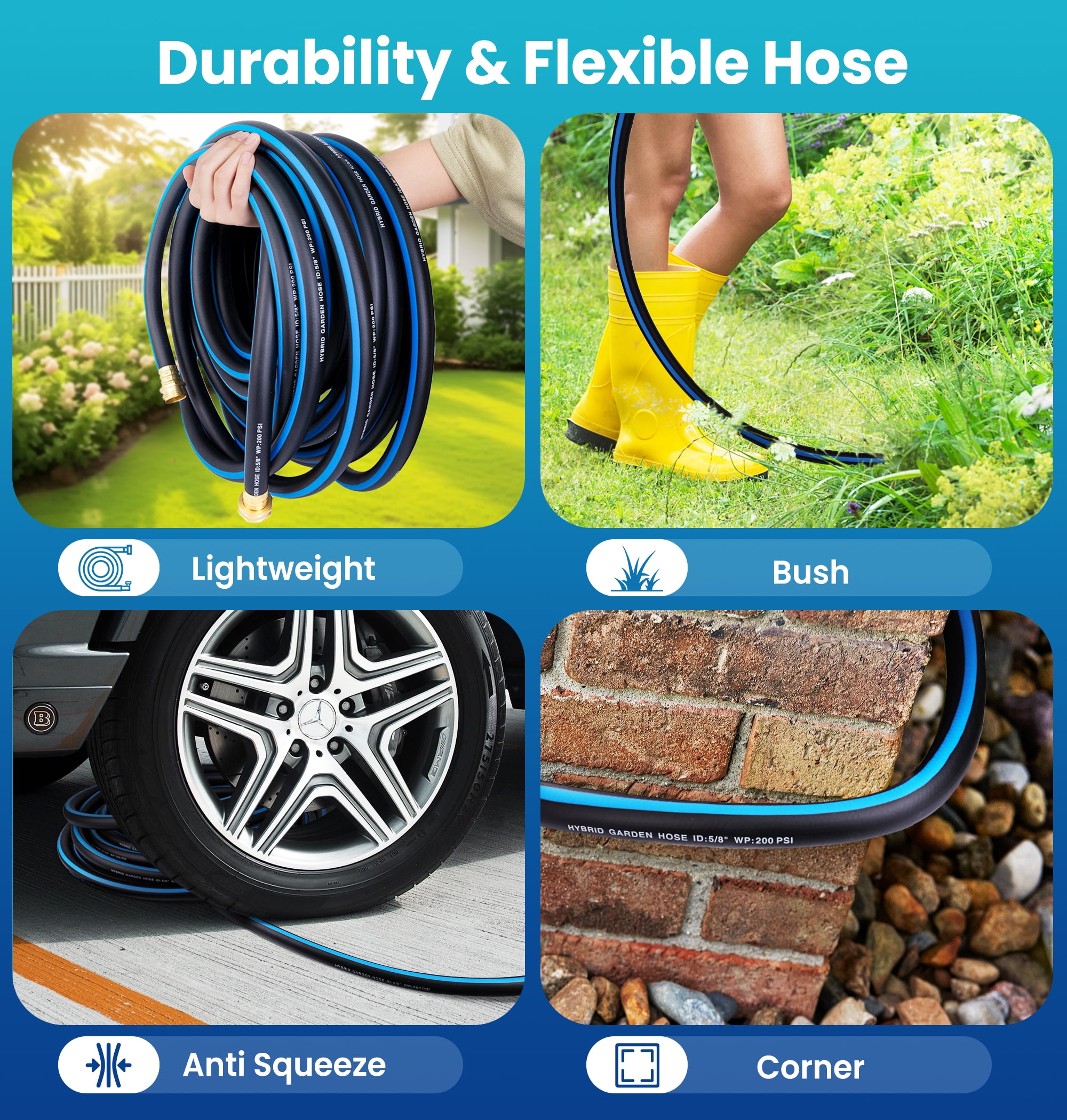 OHHANI Garden Hose, 50 ft x 5/8" Water Hose for Outdoor with 10 Function Sprayer Nozzle, Kink Free