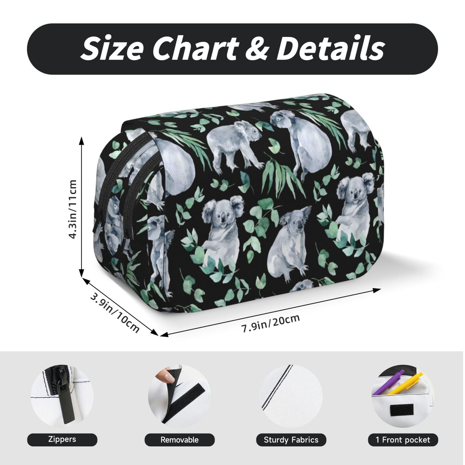 Rateoe Cartoon Koala Bear Pattern Double Clamshell Pen Case, Storage Organizer with Two Zipper Compartments– Holds Up to 50 Pencils & Pens