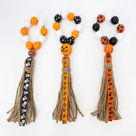 

Meijuhuga Halloween Napkin Ring Skull Spooky Smiling Face Pumpkin Print Long Tassel Large Beads Decor Colorful Decorative Elastic Rope Napkin Holder