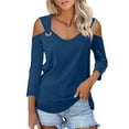 thumbnail image 2 of Tittly T Shirts for Women Tshirts Shirts Women's Tops V Neck 3/4 Sleeve Shirts Casual Blouses Cold Shoulder Tops Basic Tees Floral Print Tshirts Womens T Shirts Gym Clothes for Woman Dark Blue S, 2 of 5