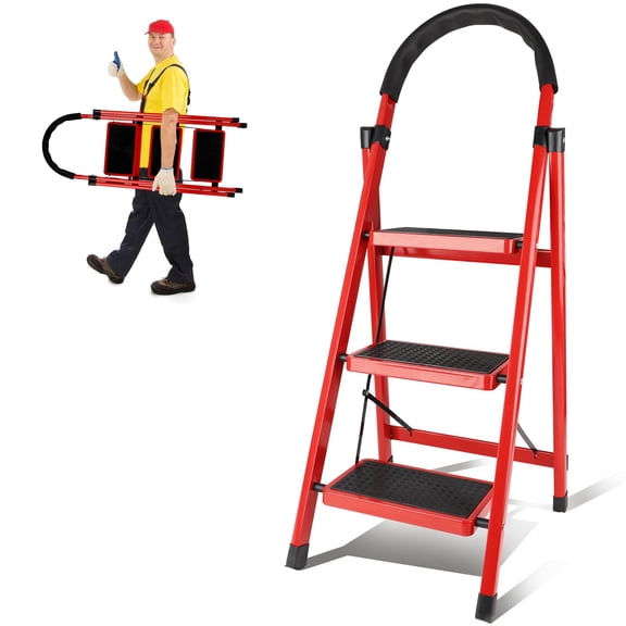 RIOFLY 3 Step Ladder with Handle, Foldable Step Stool for Adults, Heavy Duty Non-Slip Pedals, Safety Lock, Multi-Use for Home Garage Kitchen, Escaleras Para Casa