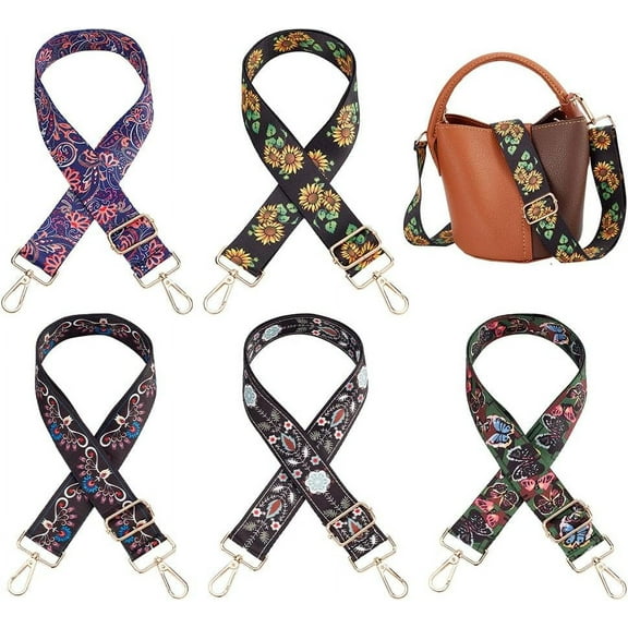 5 Styles Ethnic Bag Strap 28.7~52 Inch Handbag Strap Replacement Shoulder Crossbody Strap 1.5 Inch Wide Adjustable Purse Strap Flower Embroidery Guitar Straps Belt for DIY Women Bags
