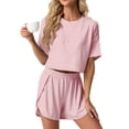 thumbnail image 4 of MINTREUS Womens Pajama Sets Striped Print Crew Neck Short Sleeve Tee and Side Split Shorts Lounge Set Cute Pj Sets, 4 of 8