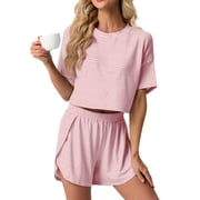 MINTREUS Womens Pajama Sets Striped Print Crew Neck Short Sleeve Tee and Side Split Shorts Lounge Set Cute Pj Sets