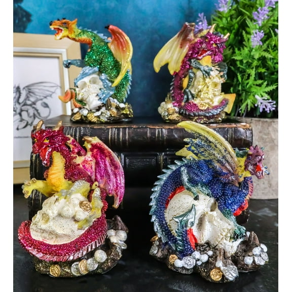 Set of 4 Metallic Red Green Pink Blue Dragons Crouching On Skulls Mini Figurines