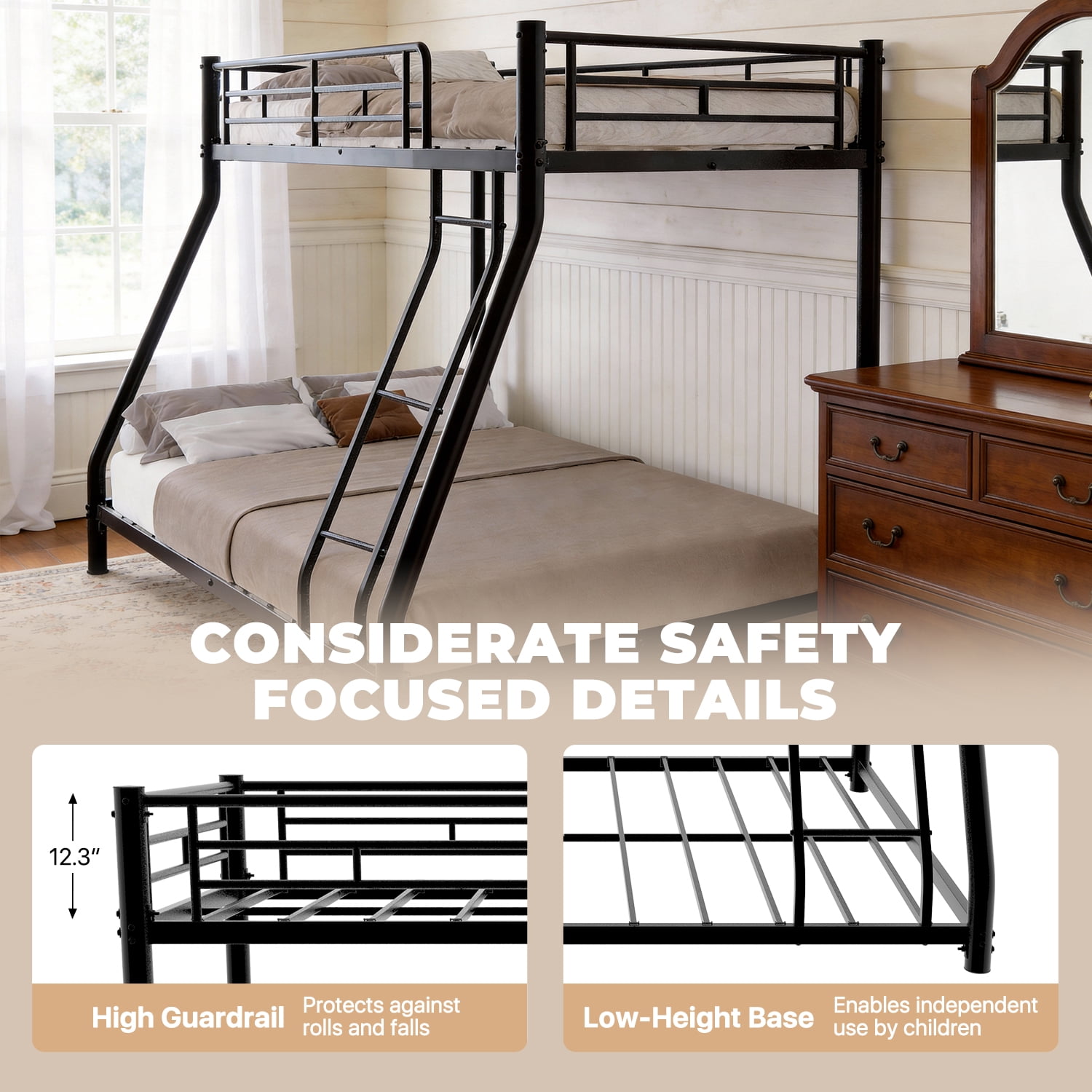 BaPiPro Metal Bunk Bed Twin Over Full Size with Removable Stairs, Heavy Duty Metal Frame with 12" Under-Bed Storage for Teens & Adults, No Box Spring Needed, Black