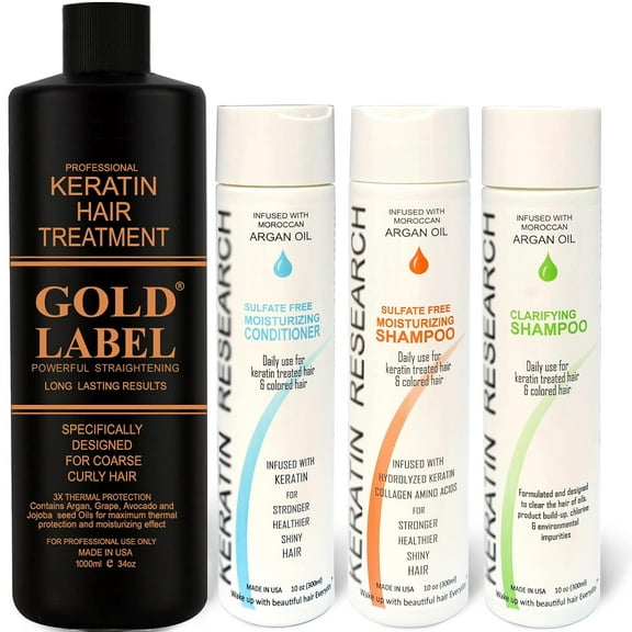 Keratin Research Gold Label Brazilian Keratin Hair Treatment Straightening Complex Blowout Organic Results. Effective Any All Hair Types Coarse Thick Kinky Curly Damaged Colored Bleached 32oz   3x10oz
