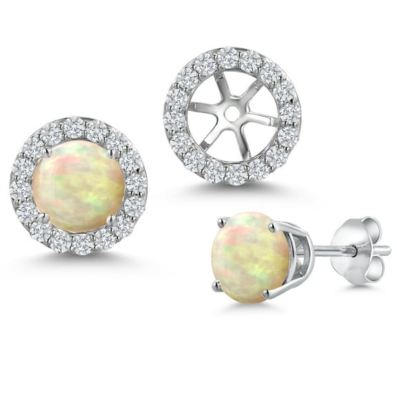 Gem Stone King 14K White Gold White Ethiopian Opal and White Lab Grown Diamond Removable Earrings Jackets for Women | 1.60 Cttw | Gemstone October Birthstone | Round Cabochon 6MM