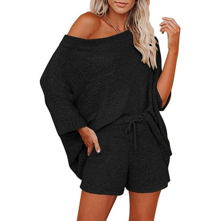 

Remikst Women s Spring And Autumn Two-Piece Jacket + Shorts Thin Knitted Pajamas Set
