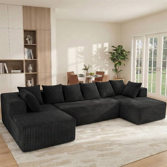 130'' Cloud Modular Sectional Sofa, Black U-Shaped Couch with Chaise Lounge, Striped Corduroy Upholstered 4-Seater with Pillow Back Cushions & Square Arms