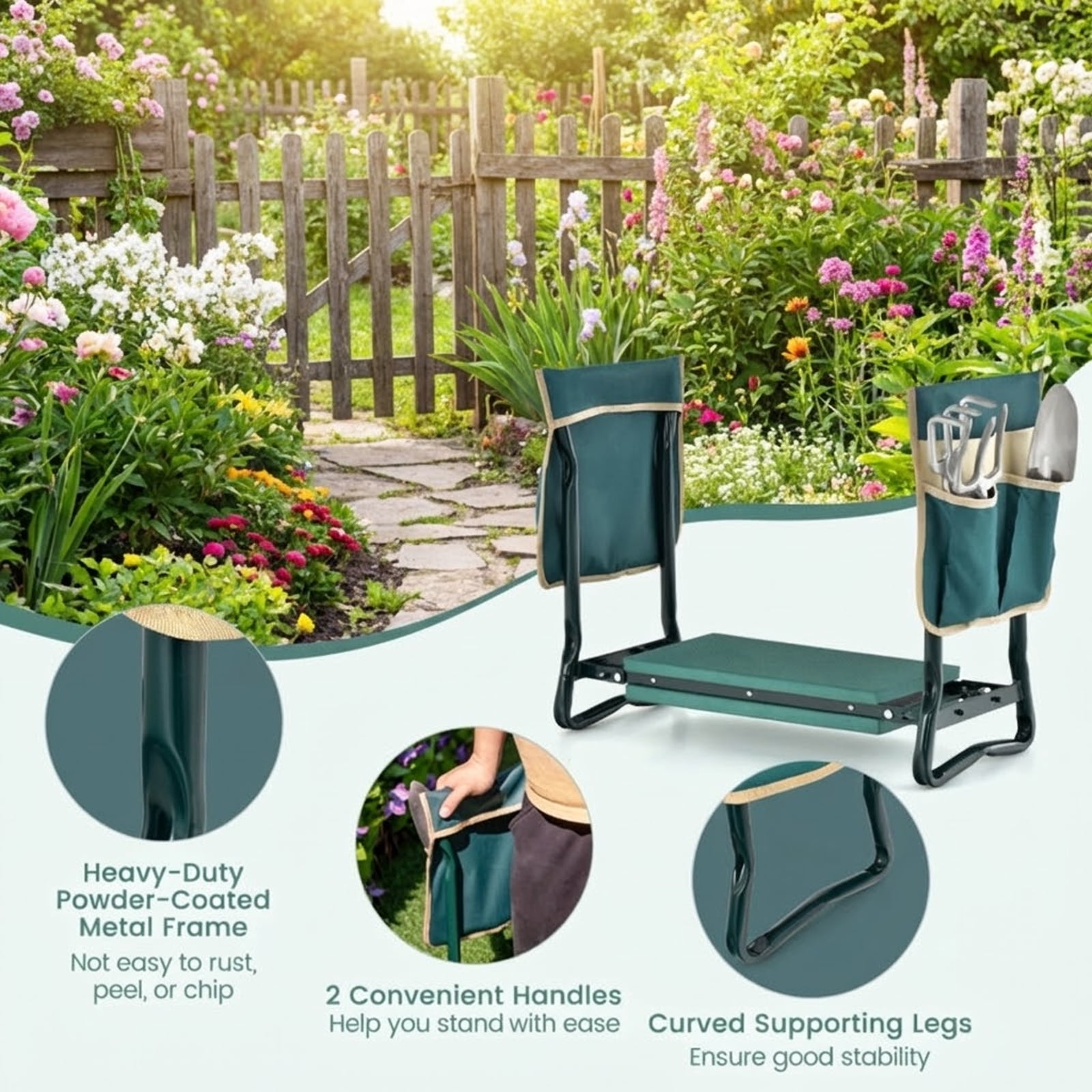 Biotree Folding Garden Kneeler and Seat Bench with EVA Foam Pad and Tool Pouches 330 lbs Capacity Steel Frame Green - Portable Outdoor Gardening Stool