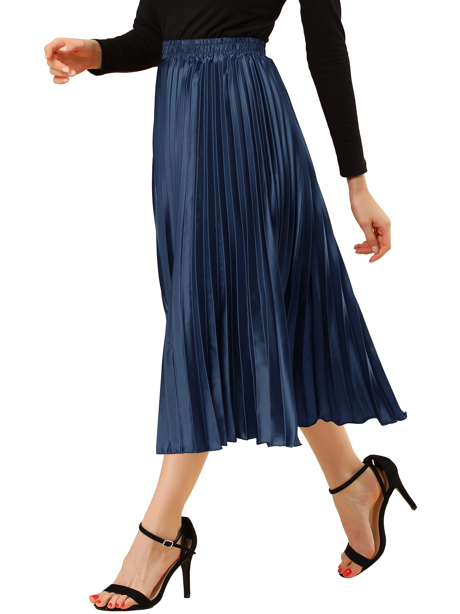 DARING DIVA Women's A-line High Waist Pleated Midi Skirt XL Dark Blue