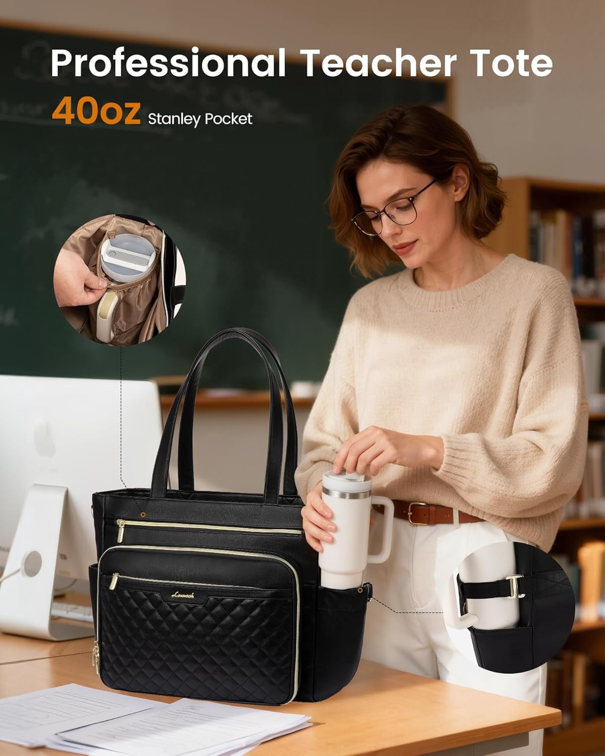 LOVEVOOK Teacher Tote Bag with Accordion File Pocket, Soft PU Leather Work Briefcase Quilted Laptop Bag with Large Cup Holder