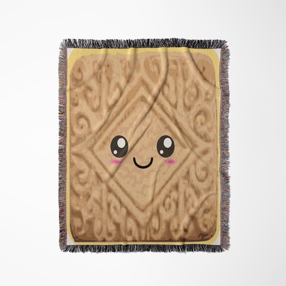 Kawaii Happy Vanilla Custard Cream Cookie - Cute Smiling Foods - Creamy Cartoon Anime Biscuit, Woven Blanket