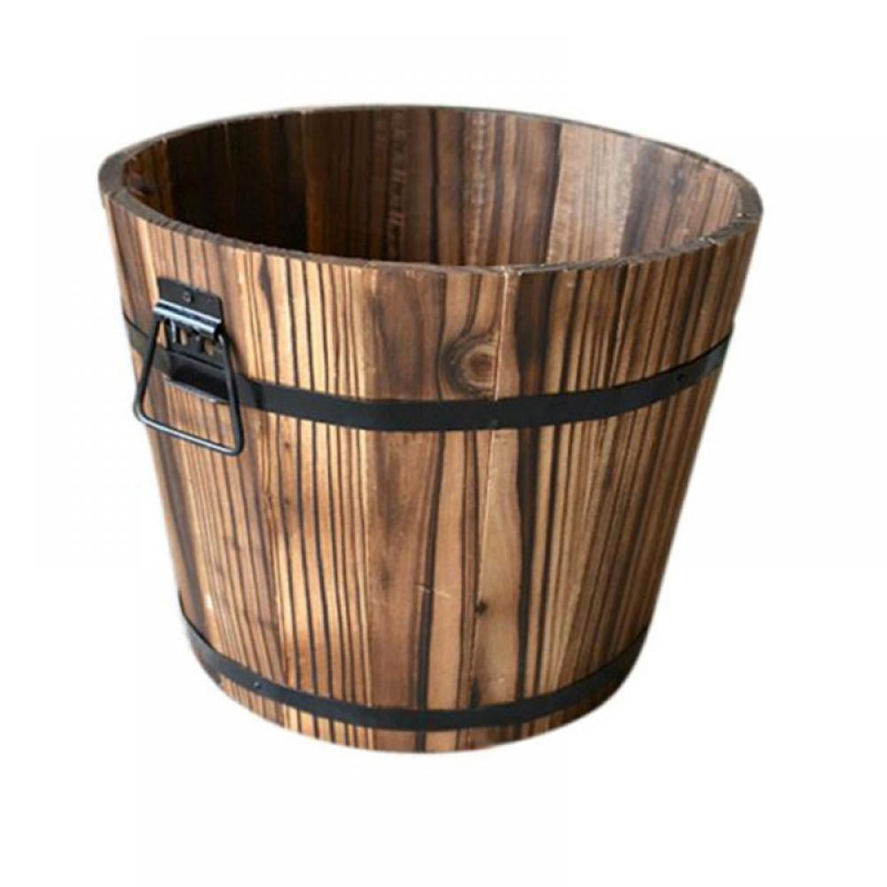 Wooden Whiskey Barrels Bucket With Handle Flower Planter Plant For Garden 2 Pack 