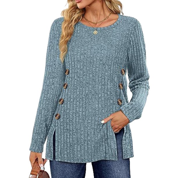 Blusa Mangas Largas Camisa Top Mujer Básico Ajuste Holgado Cuello Redondo Traje Diario Simple Kuymtek Azul claro T S para Mujer