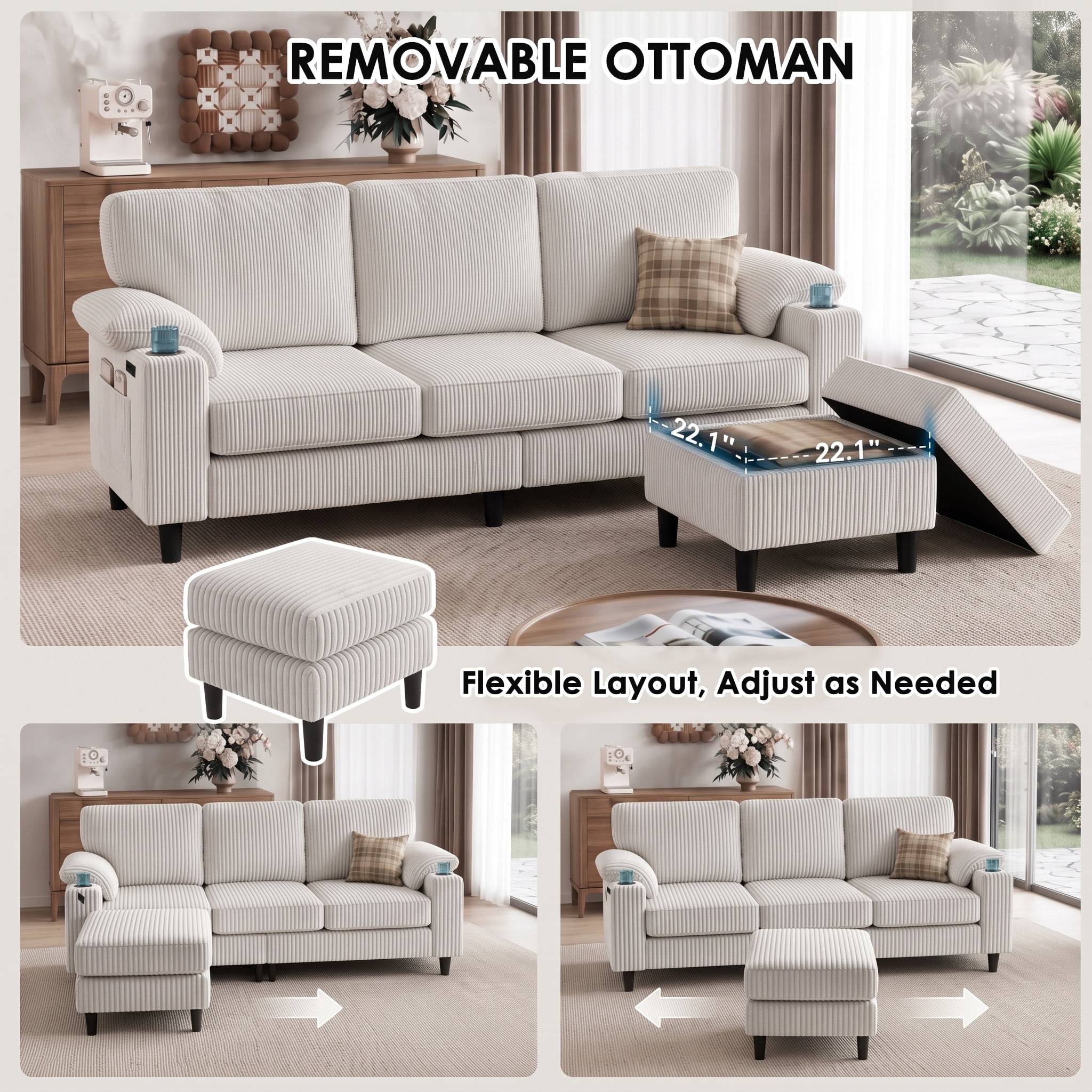 Anpport 80" L‑Shaped Corduroy Sectional Sofa, 3‑Seater Couch with Storage Ottoman, USB Port & Cup Holders for Small Spaces, Beige