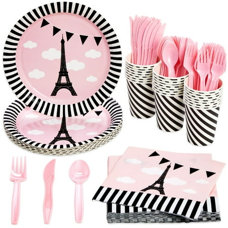 144-Piece Paris Party Supplies Set, Includes Plates, Napkins, Cups, and Cutlery, Ideal for Birthdays and Paris-Themed Parties (Pink & Black, Serves 24)