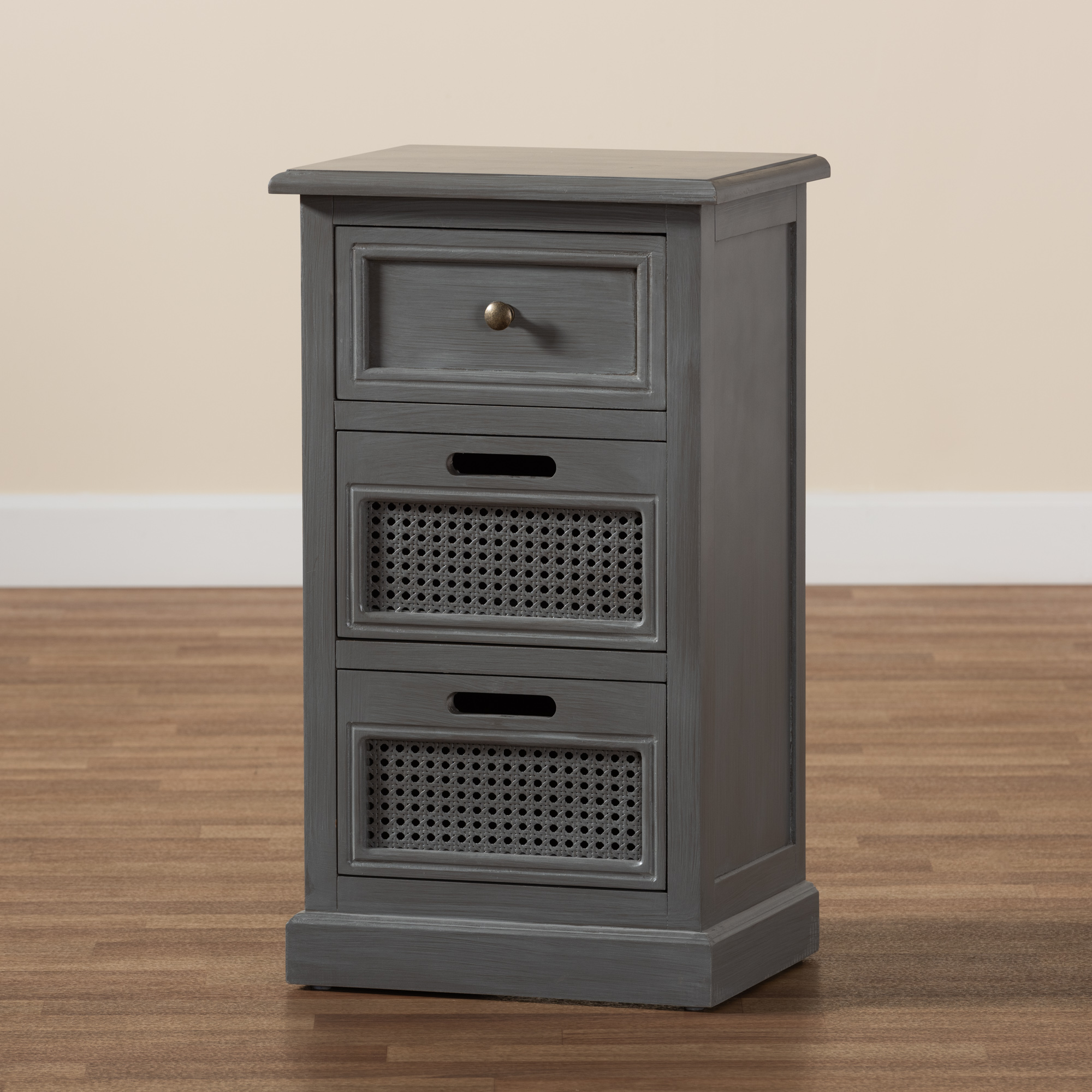 Baxton Studio Sheldon Modern and Contemporary Vintage Grey Finished Wood and Synthetic Rattan 3-Drawer Nightstand