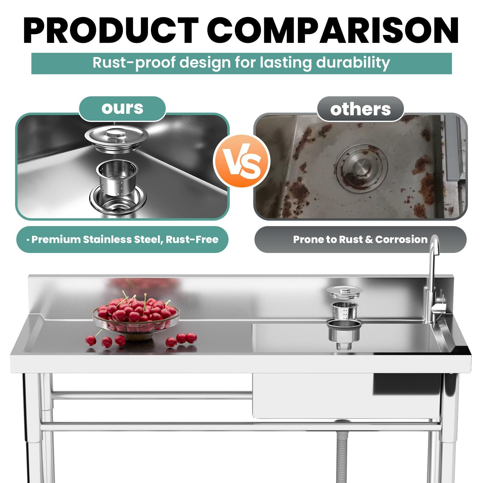 304 Stainless Steel Commercial Sink with Drainboard, 47.3" Freestanding Utility Sink with 360° Swivel Faucet, Heavy-Duty Workstation Sink for Restaurant, Garage, Laundry, Kitchen