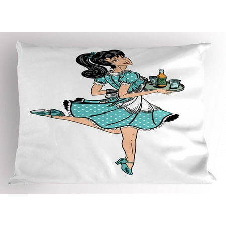 Pin up Girl Pillow Sham Pony Tail Haired Waitress in Polka Dot Dress Brings Beer Orders, Decorative Standard Queen Size Printed Pillowcase, 30 X 20 Inches, Seafoam and Pale Peach, by
