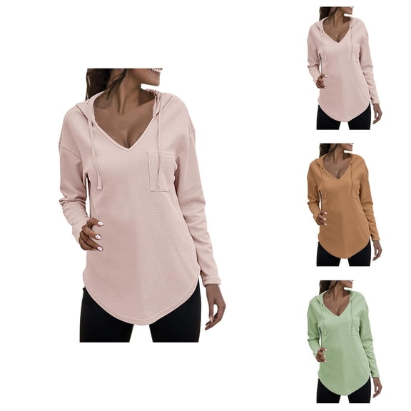 Plain Hoodies for Women 2025 Long Sleeve V-Neck Curved Hem Plain Knitted Hoodie Hooded Sweatshirt Women Pullover