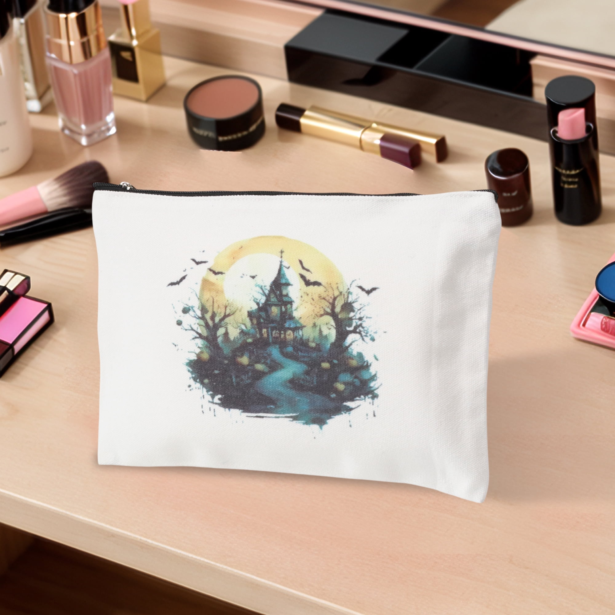 Unique Bargains 1 Piece Durable Halloween Castle Pattern Makeup Bag in White Color
