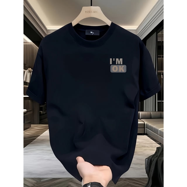 Men's "I'M OK" Graphic Print Short Sleeve T-Shirt - 100% Cotton Regular Fit Streetwear Casual Summer Tee, Navy Blue, Hand Wash Only, Everyday Comfort | Medium Stretch Fabric, Cute T Shirts