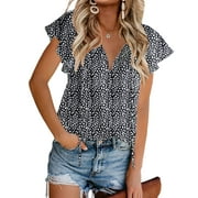 Fantaslook Blouses for Women Floral Print V Neck Ruffle Short Sleeve Shirts Casual Summer Tops